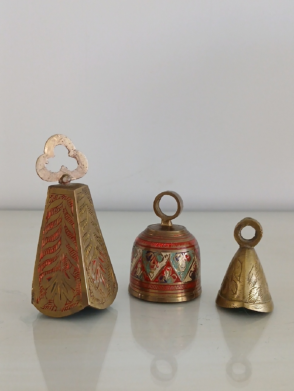 Vintage Brass Bells Etched Crafted In India Set Of 3 - 4", 2.75", 2.25"